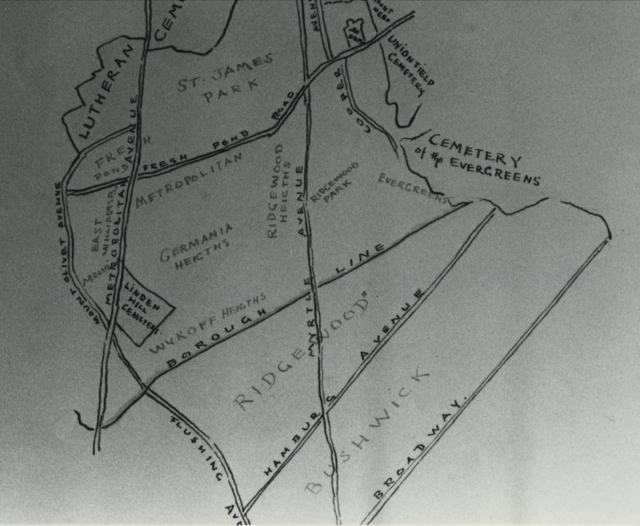 Eugene L. Armbruster. 1912. Map of Bushwick and Ridgewood. Black and white print on paper
